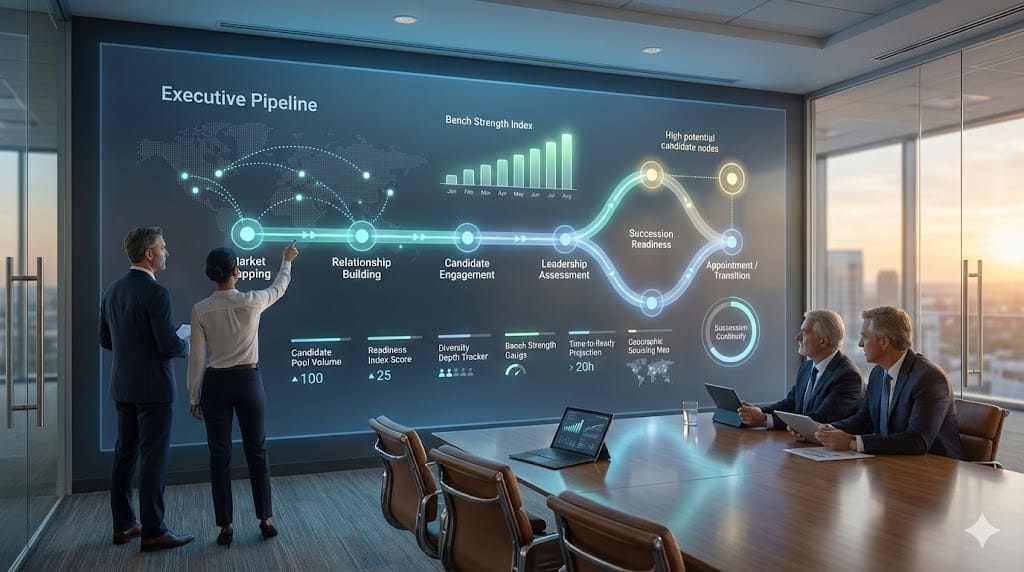 Executive leadership team reviewing a dynamic talent pipeline dashboard showing continuous sourcing stages, candidate flow, and succession readiness metrics.