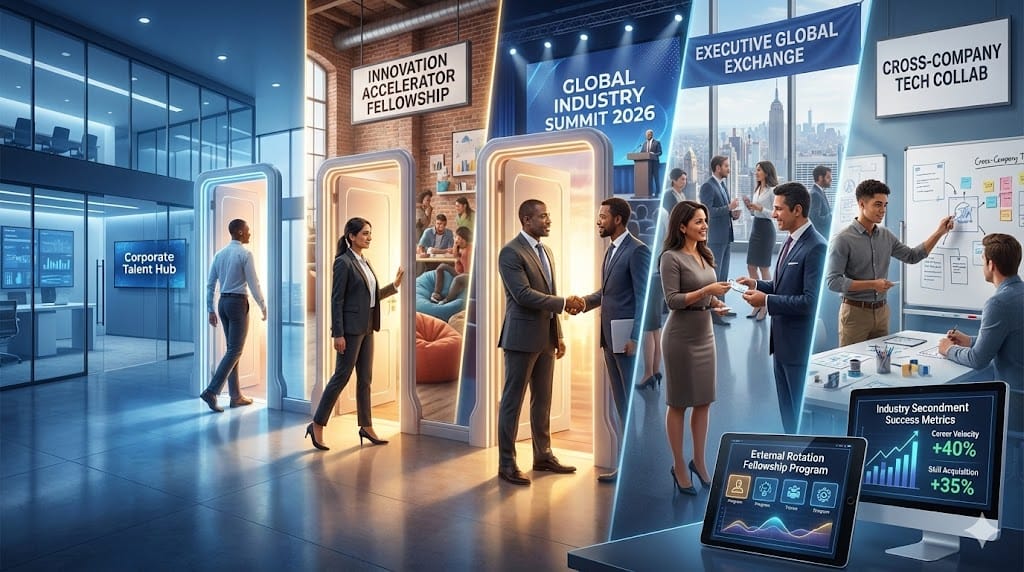 Internal corporate professionals gaining external market experiences through structured programs, bridging company walls with global opportunities for leadership development