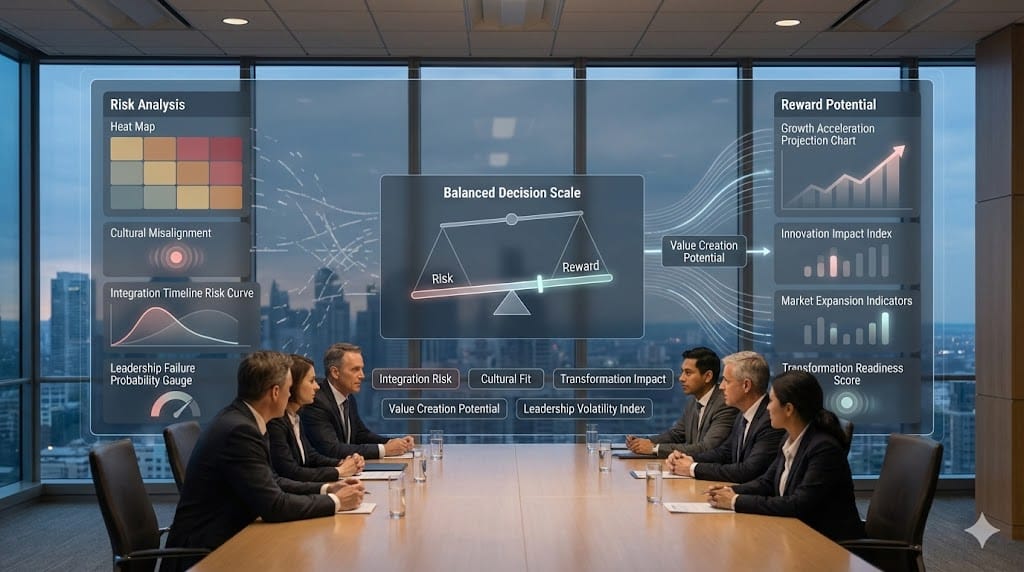 Board evaluating the strategic risk and reward of an external executive hire using dynamic performance and risk assessment dashboards.