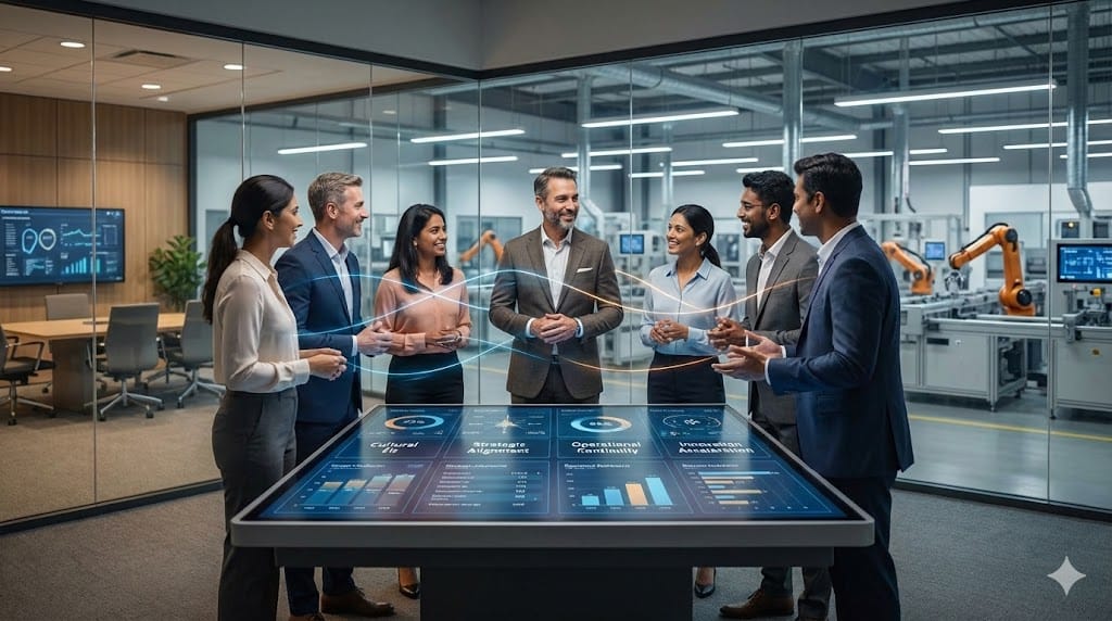 New executive leader integrating with established industrial team, symbolizing external talent infusion without disrupting company culture.
