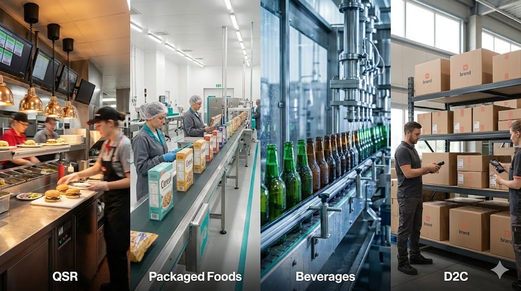 Split-scene visual comparing QSR kitchen operations, packaged food production line, beverage bottling facility, and D2C fulfillment workspace in realistic commercial settings.