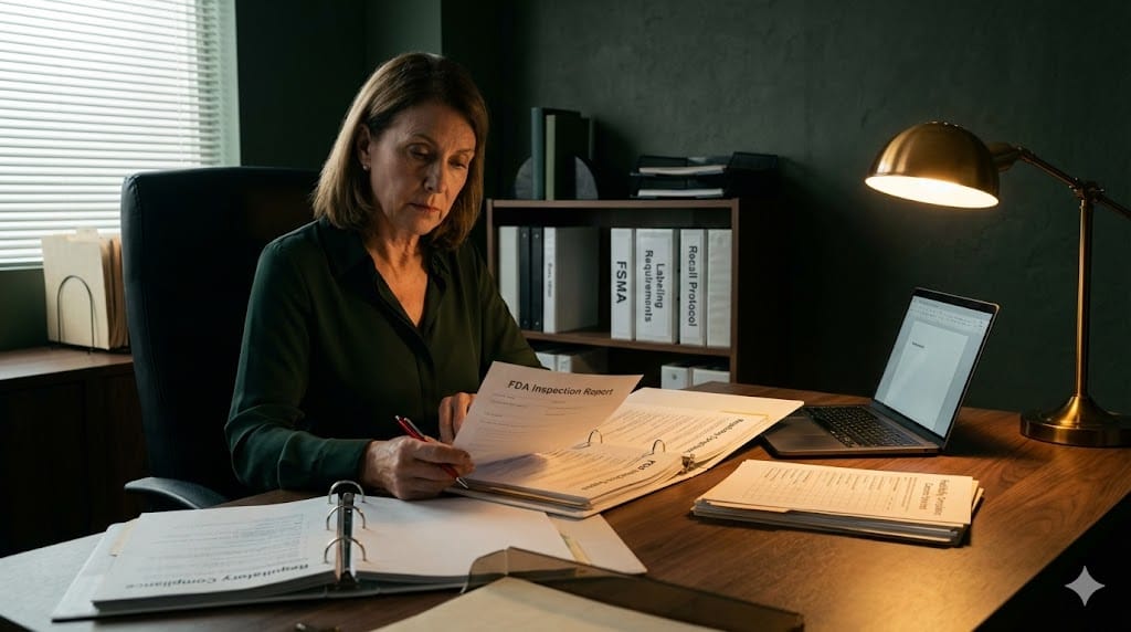 Food and beverage compliance leader reviewing FDA regulatory documents and safety audit reports on a desk with legal files and inspection paperwork in a focused office setting.