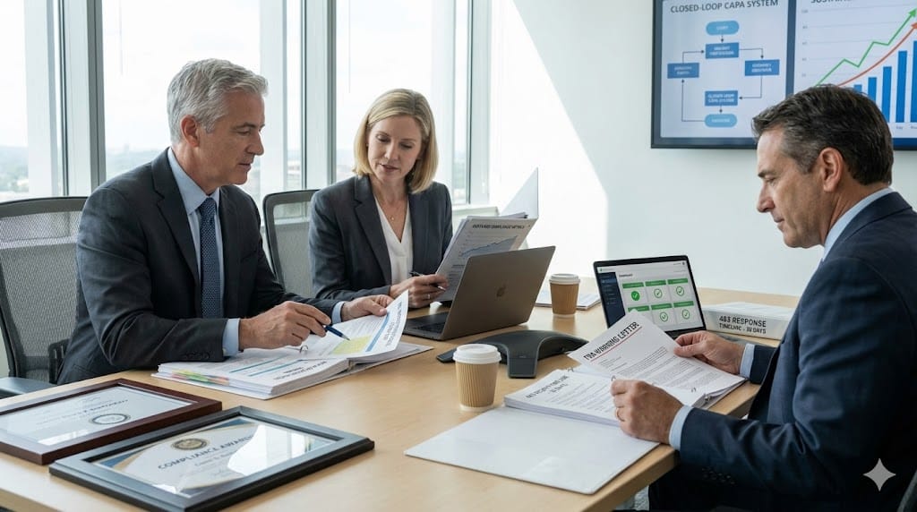 Biotech compliance executives validating leadership track records through FDA Warning Letter navigation success—reviewing remediation timelines regulatory response strategies CAPA implementation turning compliance crises into operational excellence demonstrations.