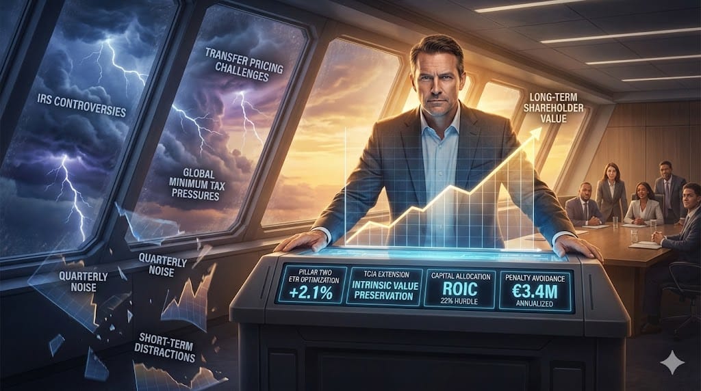 Finance executive as vigilant guardian of enduring shareholder value—navigating 2026 regulatory storms through disciplined Pillar Two optimization TCJA strategies capital allocation safeguarding intrinsic worth beyond quarterly pressures.