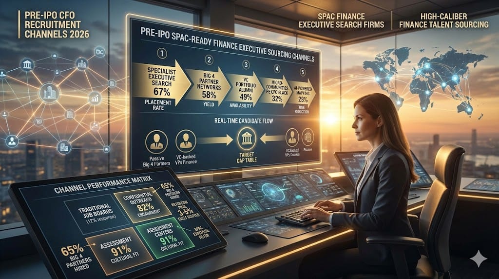 Recruiter activating optimized multi-channel sourcing for pre-IPO CFO talent—specialist executive search firms, Big 4 partner networks, VC portfolio alumni targeting SPAC-ready finance leaders 2026 "Optimized Sourcing Channels for High-Caliber Finance Leadership".