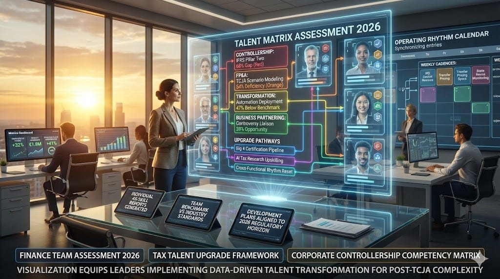 Tax executive leading Days 61-100 finance talent assessment—mapping competency gaps across controllership FP&A transformation skills benchmarking Big 4 standards upgrading operating rhythm for 2026 Pillar Two TCJA compliance "Team Assessment: Upgrading Finance Talent and Operating Rhythm".