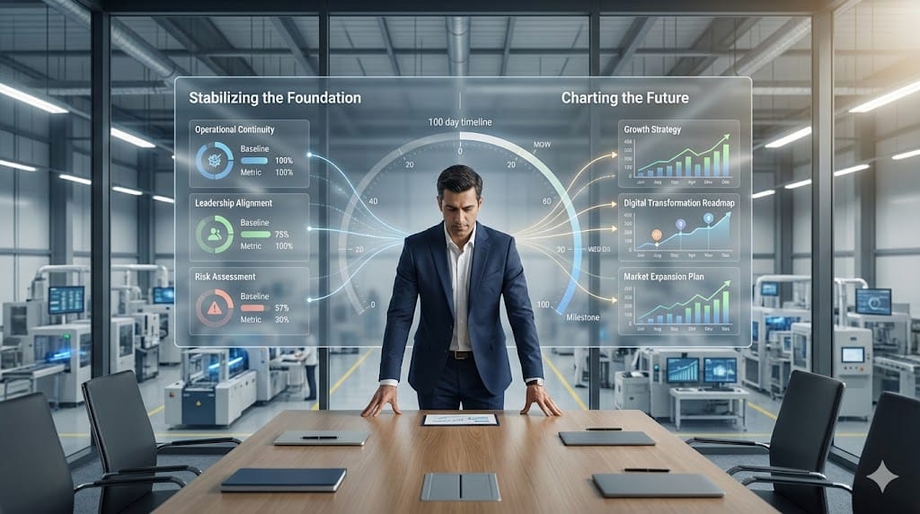 New executive leader reviewing first 100 days strategic roadmap with operational dashboards in a modern industrial environment.