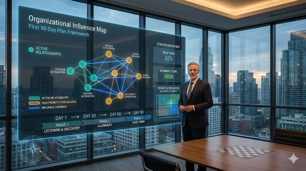 New executive mapping stakeholder influence and organizational dynamics during first 90 days, reviewing network diagrams and strategic onboarding plans in a modern boardroom.