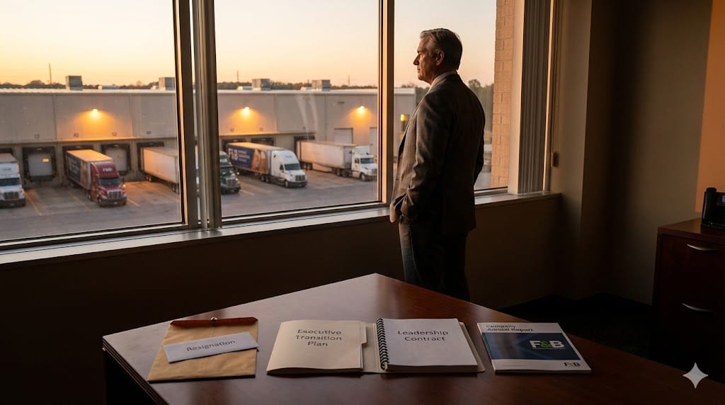 Senior executive in a food and beverage company office looking out over a production facility at dusk, with resignation letter and leadership transition documents on desk, symbolizing C-suite retention challenges.