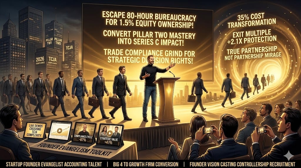 Startup founders as chief evangelists igniting Big 4 accounting talent—charismatic vision casting equity promises autonomy acceleration dissolving traditional structure dissatisfaction drawing elite controllership expertise into high-growth 2026 compliance missions "Founders as Visionary Evangelists". 