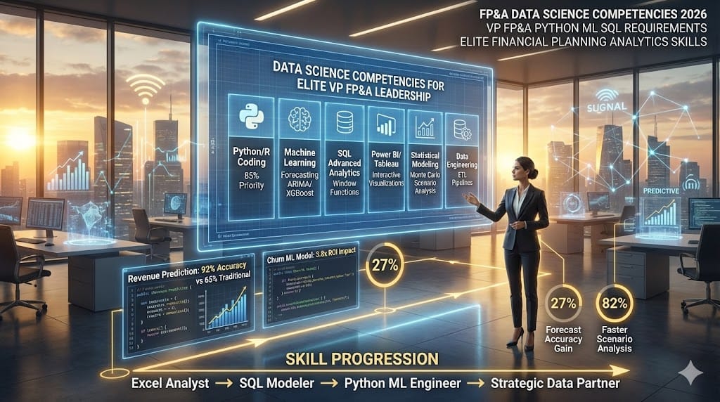 VP FP&A coding Python revenue prediction models analyzing ML churn analytics visualizing real-time Power BI dashboards—data science skills enabling predictive scenario analysis strategic business partnering.