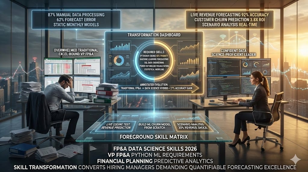Modern FP&A leader coding Python revenue forecasts analyzing ML customer churn models visualizing real-time dashboards—data science skills enabling scenario planning predictive analytics beyond traditional Excel financial modeling.