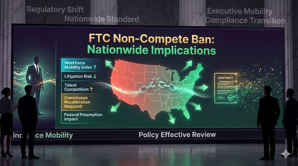 Federal regulatory announcement scene showing nationwide impact of FTC non-compete ban with animated US map and executive mobility pathways.