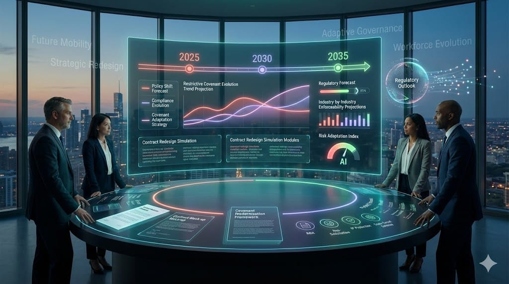 Corporate legal strategy team analyzing emerging restrictive covenant trends with animated predictive analytics and future risk modeling dashboard.