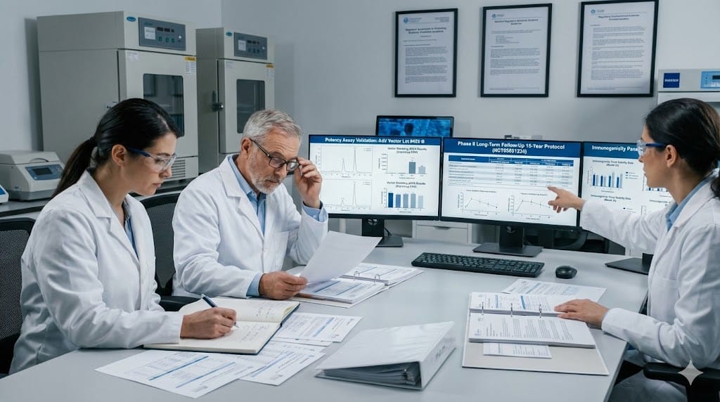 Biotech quality assurance team implementing rigorous gene therapy track record validation—reviewing clinical potency assays vector shedding long-term follow-up protocols ensuring Phase I-III data integrity regulatory compliance.