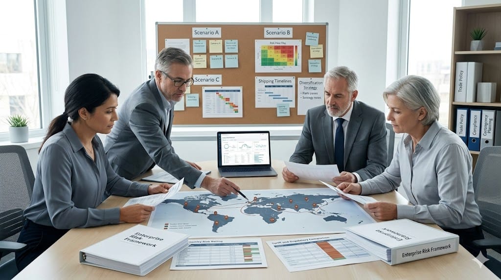 Executive risk team reviewing global trade routes and geopolitical risk maps in a strategic planning room focused on supply chain resilience.