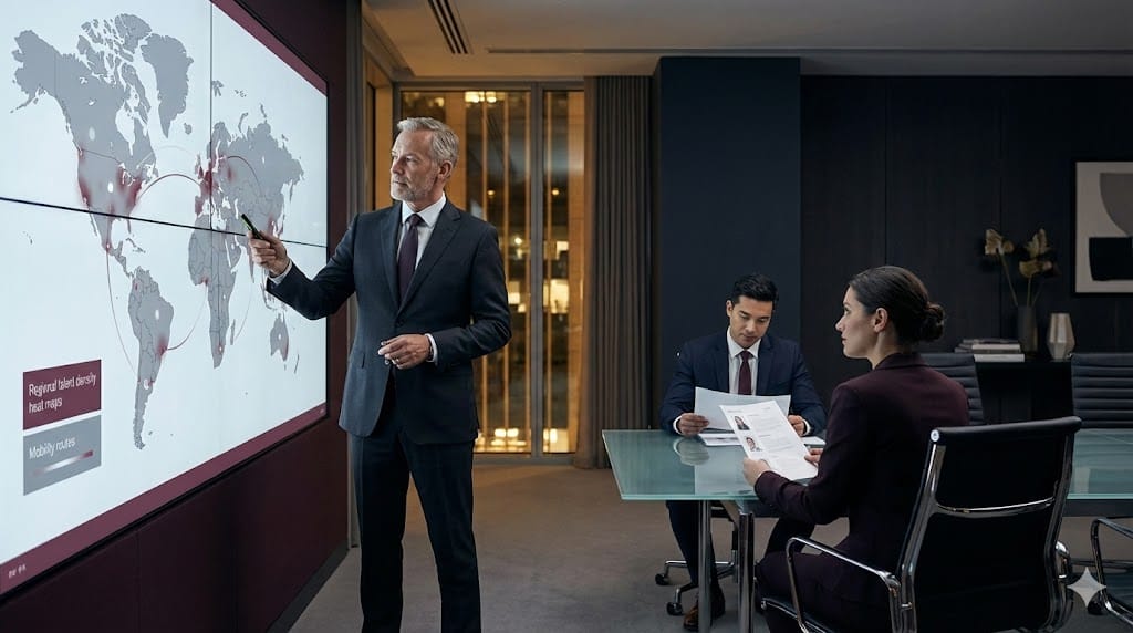 Senior executive analyzing global talent sourcing strategy on a large world map display with regional workforce data in a modern strategy room.