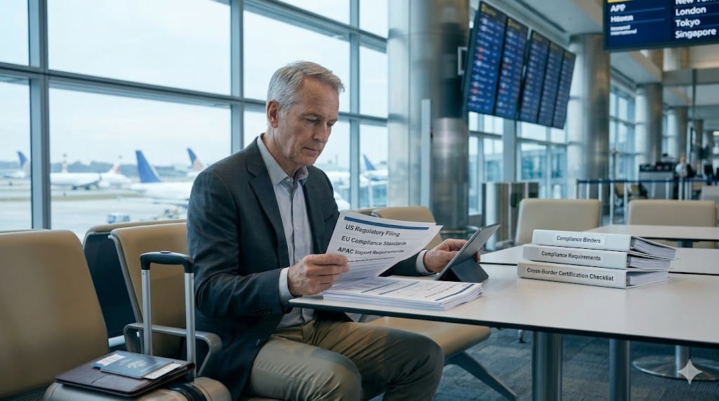 International compliance executive reviewing regulatory documents at an airport terminal, symbolizing navigation across US and global jurisdictions.