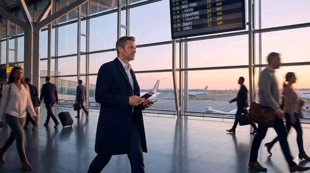 International executive traveling through a modern airport terminal with global flight routes visible, symbolizing cross-border leadership moves impacting U.S. organizations.