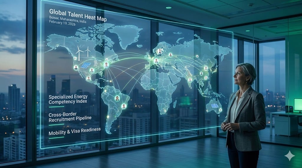 Energy sector executive mapping global talent networks beyond traditional US energy hubs using international workforce analytics dashboard.