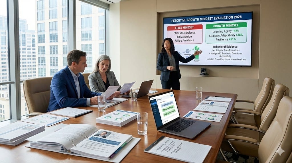 Executive search committee evaluating leadership candidates through growth mindset assessment—reviewing evidence of adaptability, continuous learning, and resilience during confidential C-suite talent evaluation session