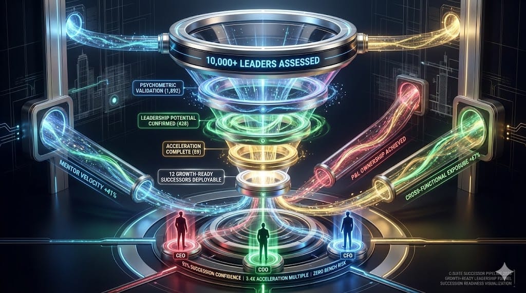 Multi-stage talent pipeline engineering growth-ready C-suite successors—funnel visualization from high-potential identification through accelerated development to strategic leadership readiness with enterprise succession metrics.