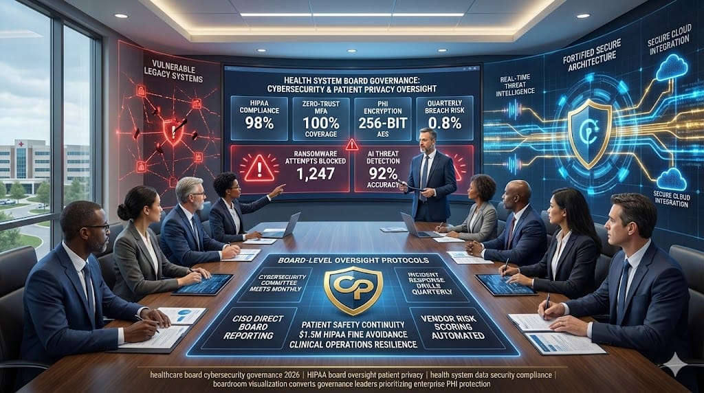 Health system board overseeing cybersecurity governance dashboard—HIPAA compliance 98%, zero-trust architecture implementation, quarterly breach risk reporting protecting patient PHI 2026 "The Role of the Health System Board in Governing Data Security and Patient Privacy".