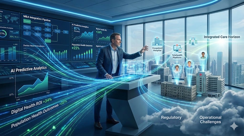 Forward-thinking health system CEO navigating 2026 consolidation waves and digital health transformation—leading M&A integrations AI-driven care platforms value-based outcomes through turbulent industry restructuring.