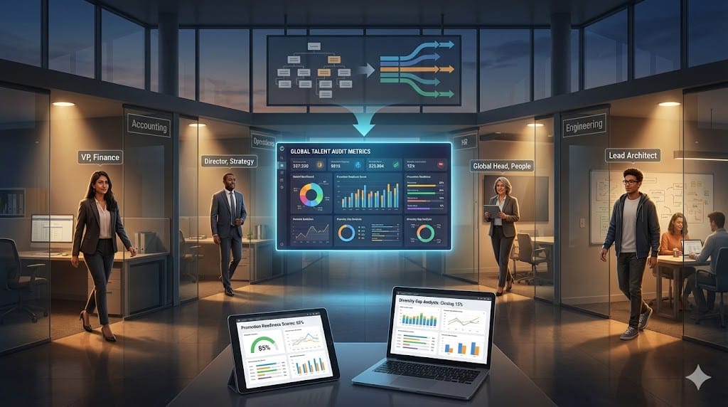 Diverse internal professionals emerging from organizational shadows during talent audit, revealing hidden high-potential executives through data visualization dashboard 