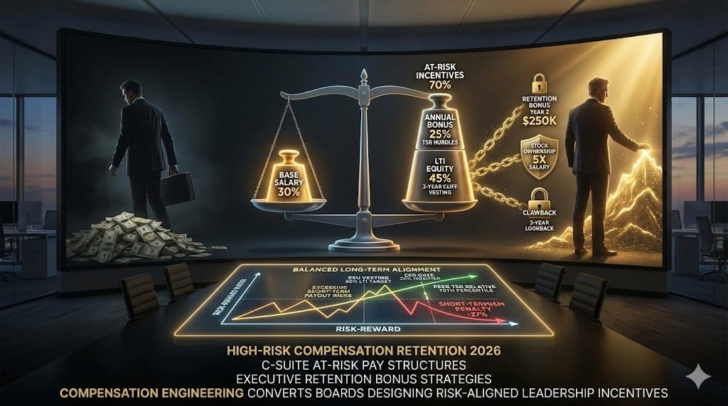  Executive compensation dashboard comparing high-risk at-risk pay structures with retention bonuses—60% LTI vesting schedules, clawback protections, and performance-based equity driving C-suite stability 2026 "High-Risk Compensation and Retention Structures".