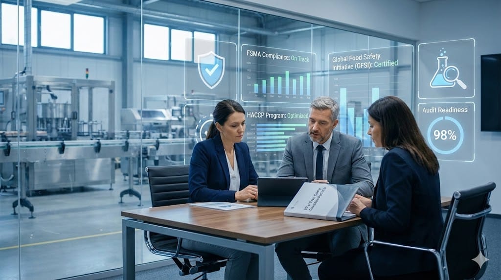 Executive hiring panel interviewing a VP of Food Safety candidate in a modern food manufacturing facility with digital compliance dashboards and quality control visuals.