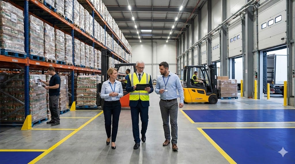 Senior sales executive candidate touring a large food distribution warehouse while reviewing shipment metrics with logistics and regional sales managers.