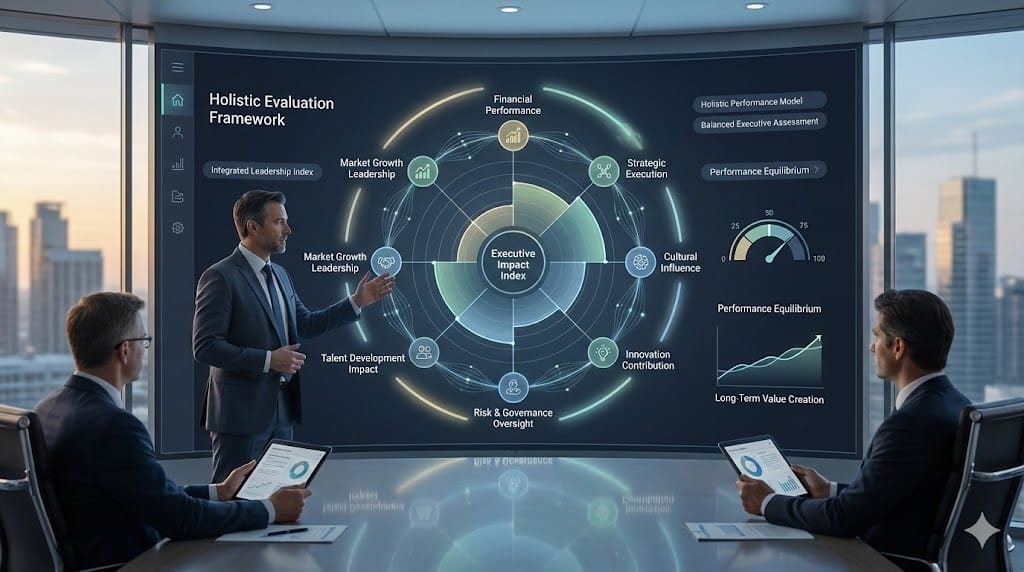 Executive leadership team reviewing a multidimensional assessment dashboard integrating performance, culture, strategy, and risk metrics with animated evaluation indicators.
