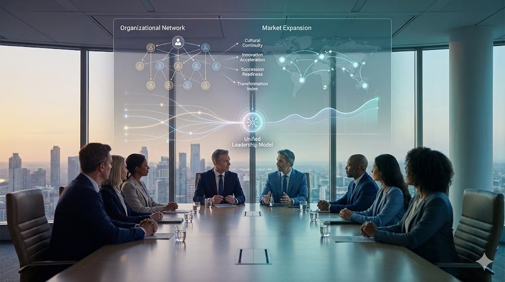 Executive leadership team integrating internal talent and external expertise through a unified strategic dashboard in a modern boardroom.