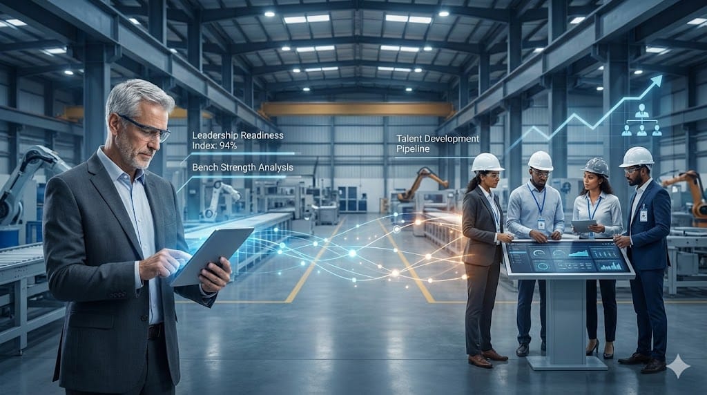 Senior industrial leaders reviewing succession planning strategy with emerging next-generation executives in a modern manufacturing environment