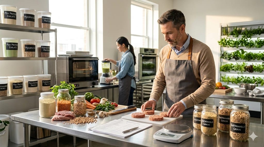 Food innovation leader reviewing plant-based protein prototypes and sustainable ingredient samples in a bright test kitchen and research environment.