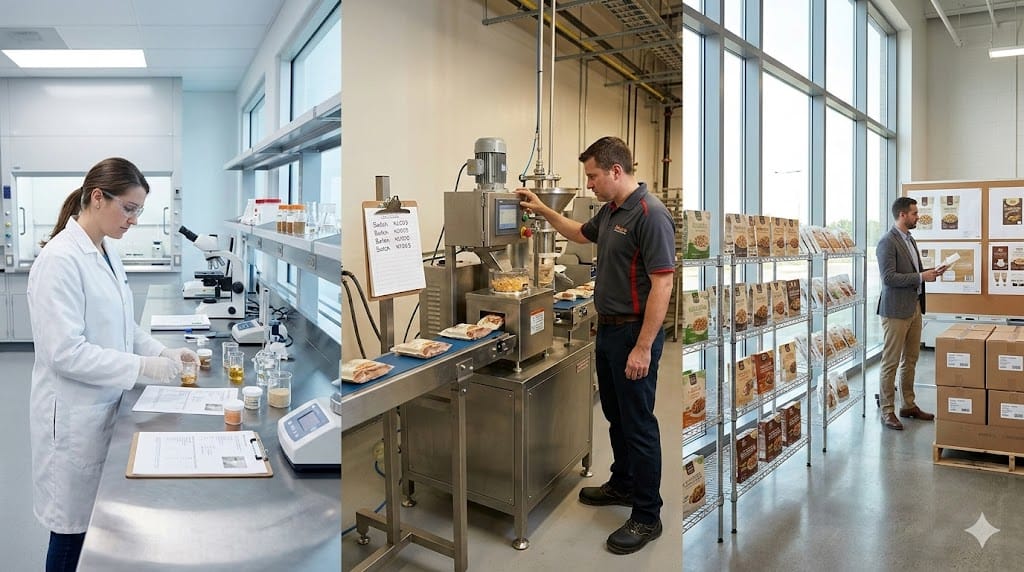 Food innovation team overseeing product development progression from laboratory testing to pilot production and retail-ready packaging.