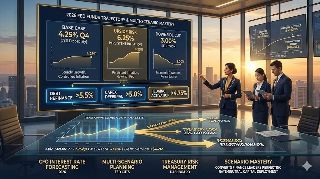 Strategic CFO dashboard modeling 2026 interest rate scenarios—base case 4.25% Fed funds vs stress test 6.25% with automated triggers for debt swap, capex deferral, liquidity buffers protecting EBITDA margins .