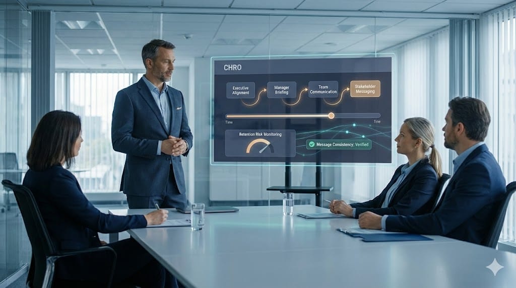Corporate leadership team coordinating structured internal communication protocols after a counter-offer scenario using dynamic messaging dashboards.