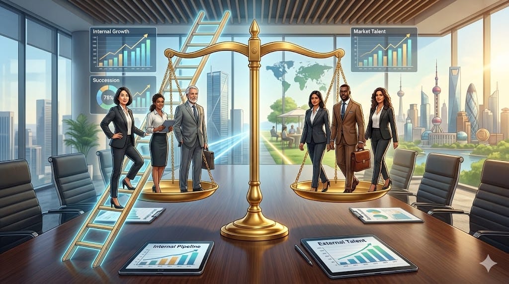 Diverse group of executives representing internal promotion paths and external hires balancing diverse succession planning scales in modern corporate conference room
