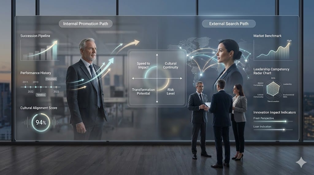 Corporate board evaluating internal leadership promotion versus external executive search using dynamic comparison dashboards in a modern boardroom.
