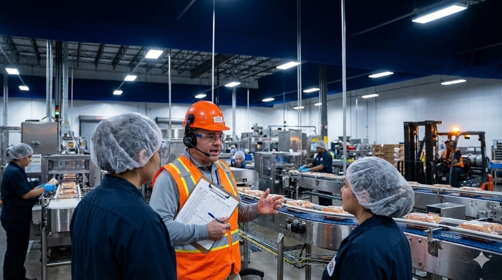 Night shift supervisor coordinating workers on a busy food manufacturing floor operating 24/7 with illuminated machinery and active production lines.