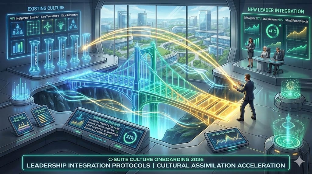 New C-suite executive navigating cultural onboarding immersion—interactive session bridging personal leadership style with established organizational values, rituals, and engagement ecosystems during strategic integration phase. 