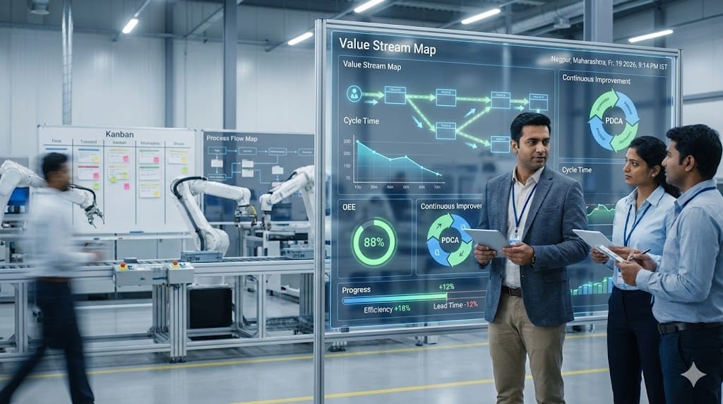 Lean manufacturing leader guiding agile continuous improvement initiatives with animated workflow metrics inside a modern industrial facility.