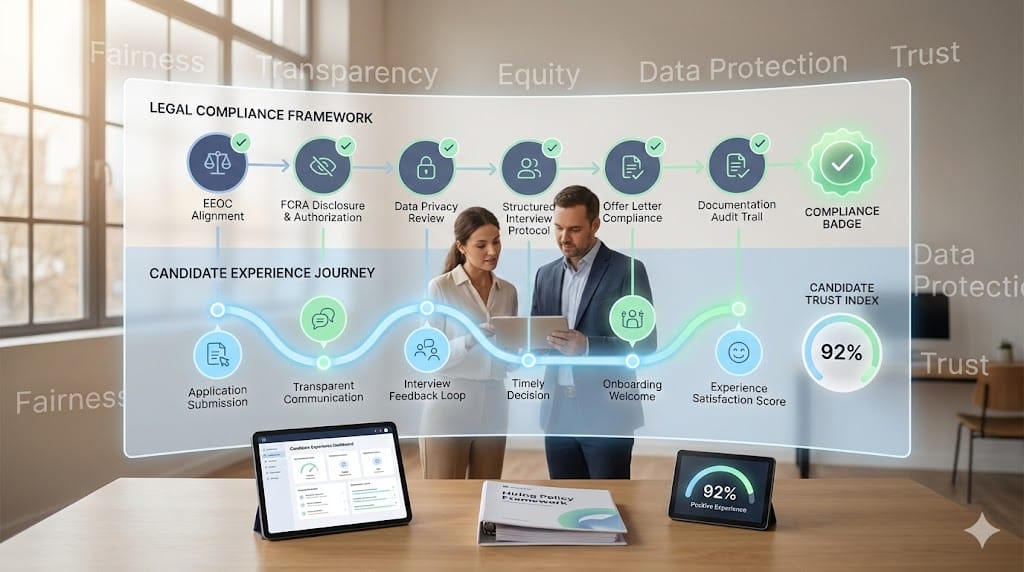 HR and legal leaders reviewing compliant hiring workflow with animated candidate journey map and regulatory approval indicators.