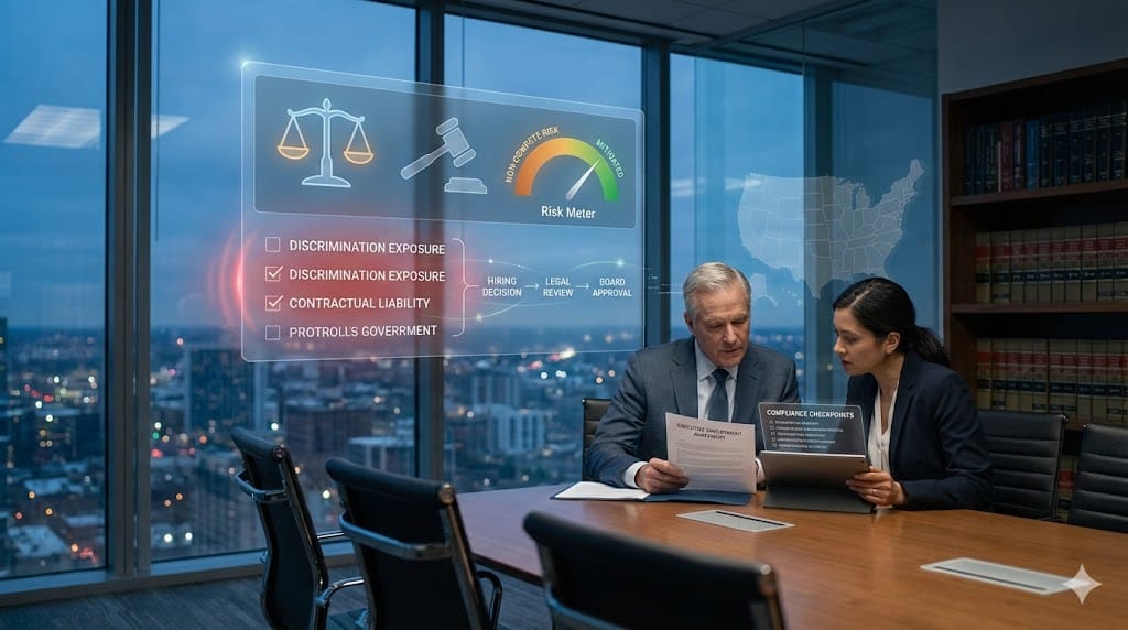 Corporate boardroom scene with legal documents, executive contract review, and holographic compliance risk indicators highlighting litigation exposure in US executive hiring.