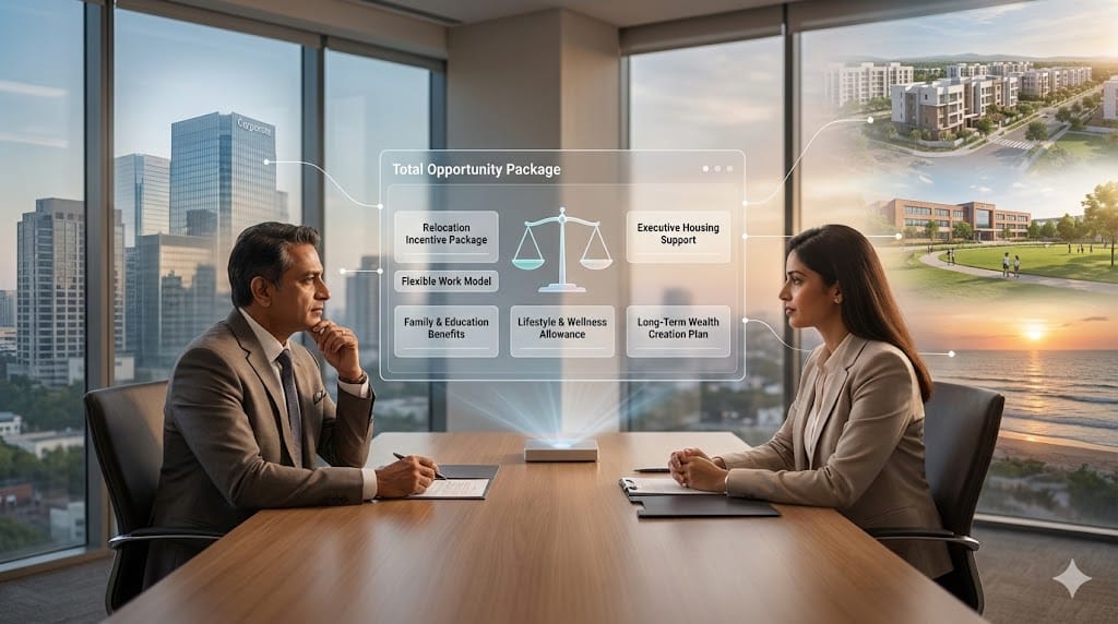 Executive candidate evaluating lifestyle benefits and relocation incentives while reviewing career opportunity in a modern corporate setting.