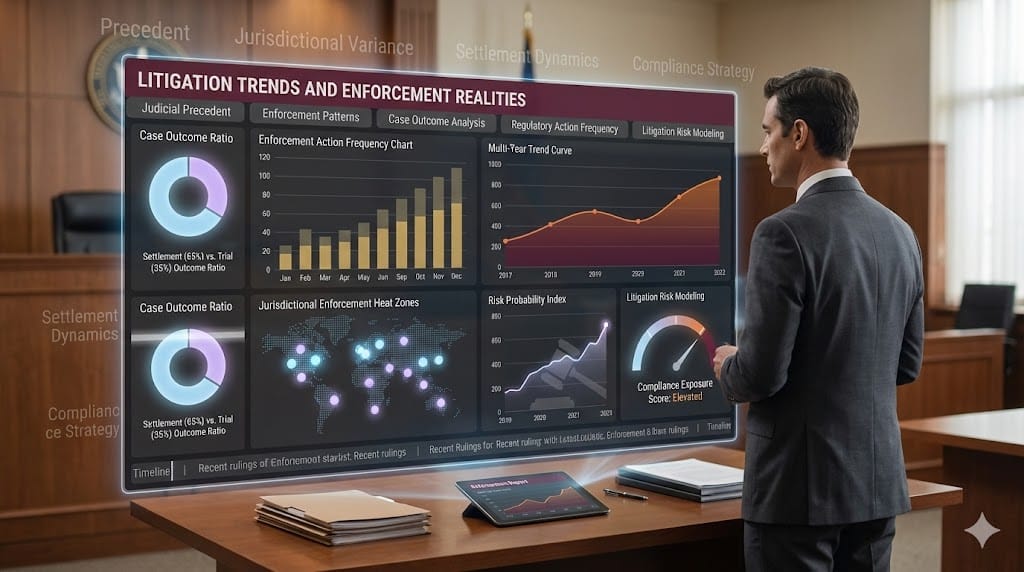 Legal analytics dashboard displaying litigation trends and enforcement data with animated court activity metrics and judicial risk indicators.