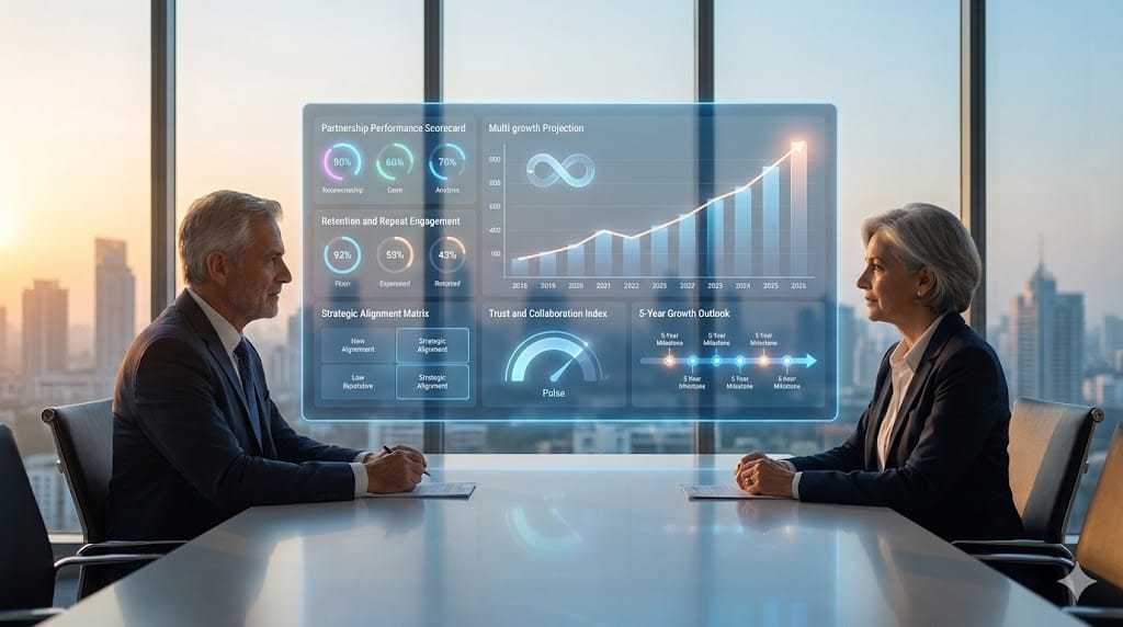Senior executives evaluating long-term partnership performance metrics with dynamic growth projections in a modern corporate setting.