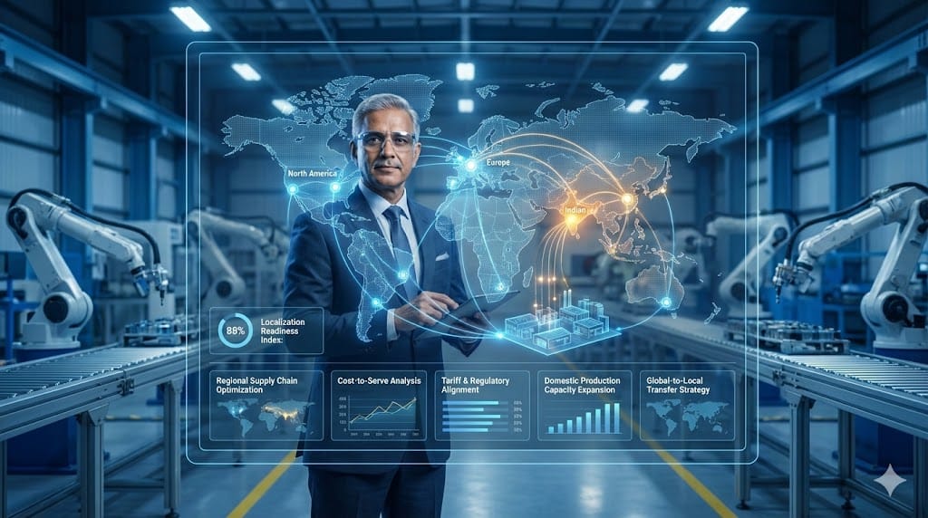 Manufacturing leader overseeing localization strategy while connecting global production footprints through digital supply chain visualization.